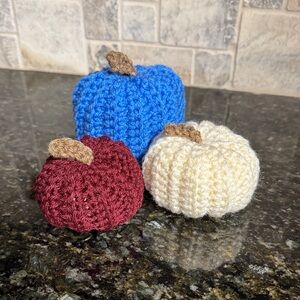 Handcrafted Blue, Red, and Cream Crochet Pumpkins